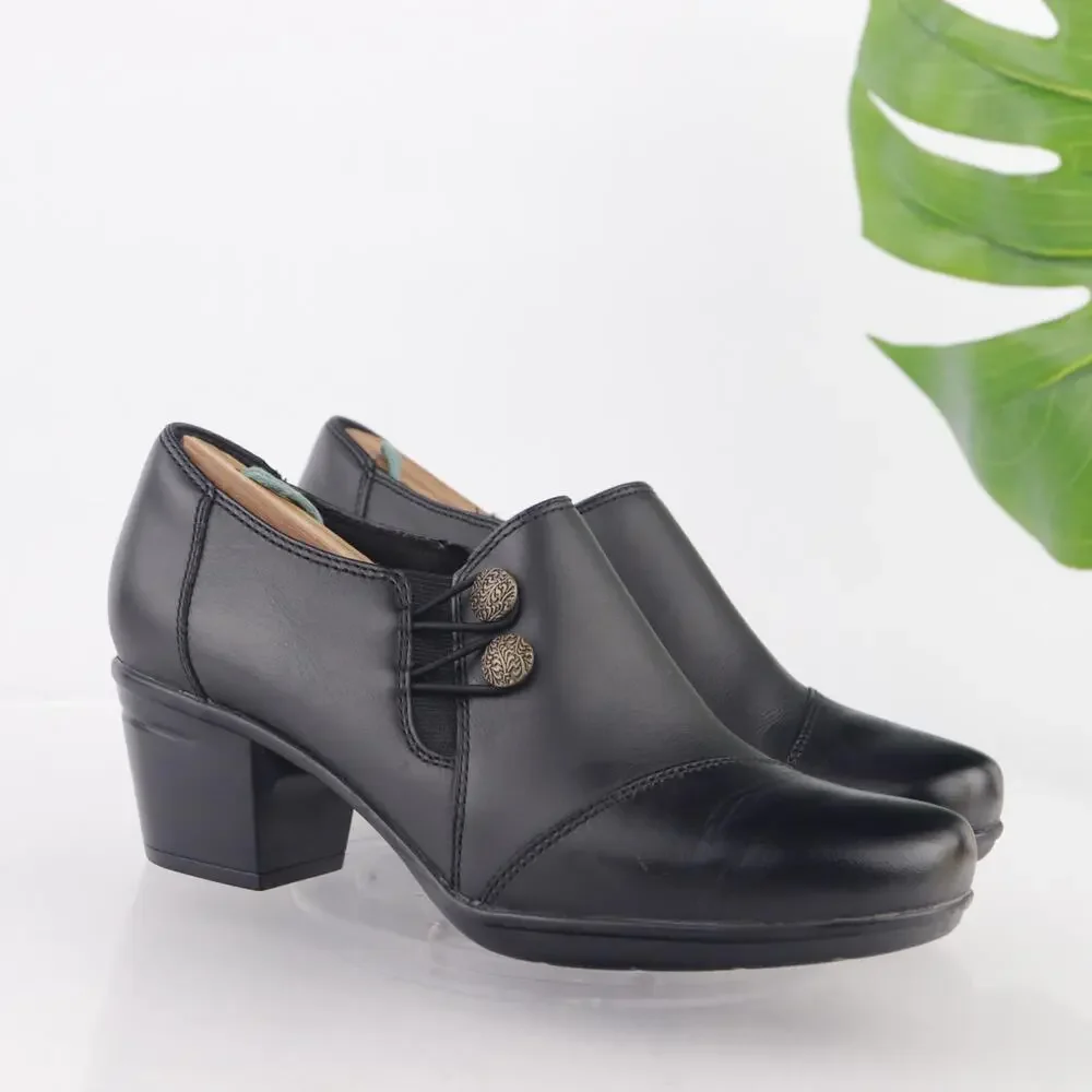 Clarks Womens Emslie Warren Boot Size 7 M Black Leather Block Heel Button Bootie